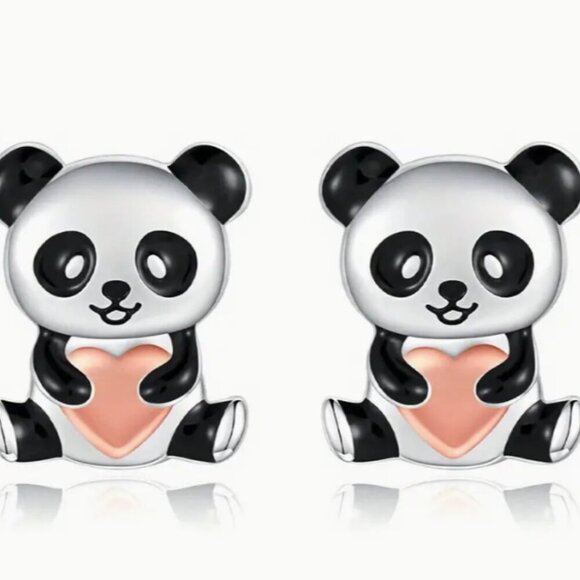 Cute Charming Panda and Pink Heart Stud Women's Fashion Earrings - Picture 1 of 3